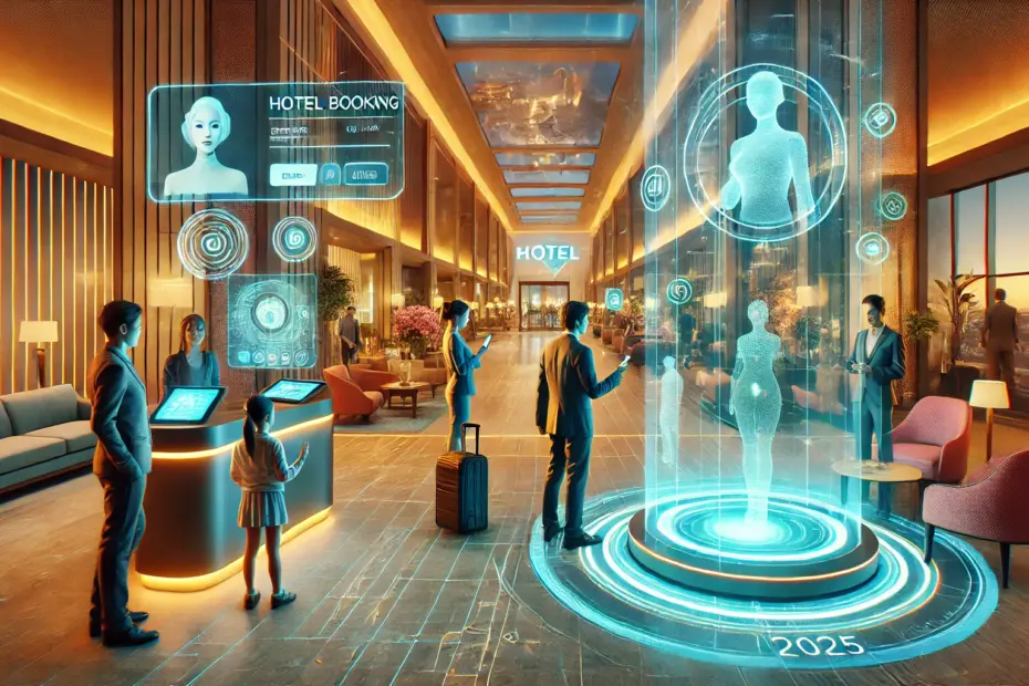 ein Bild, das die Zukunft der Hotelbuchung im Jahr 2025 darstellt. Es zeigt eine futuristische Hotellobby mit moderner Technologie wie KI-gestützten Buchungskiosken, holografischen Assistenten und digitalen Interfaces. Die Szene illustriert, wie Technologie und traditionelle Gastfreundschaft miteinander verschmelzen könnten.